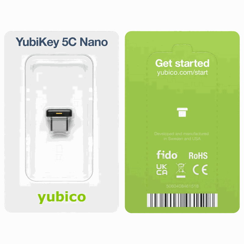 YubiKey 5C Nano USB-C security key for 2FA, compact and durable design