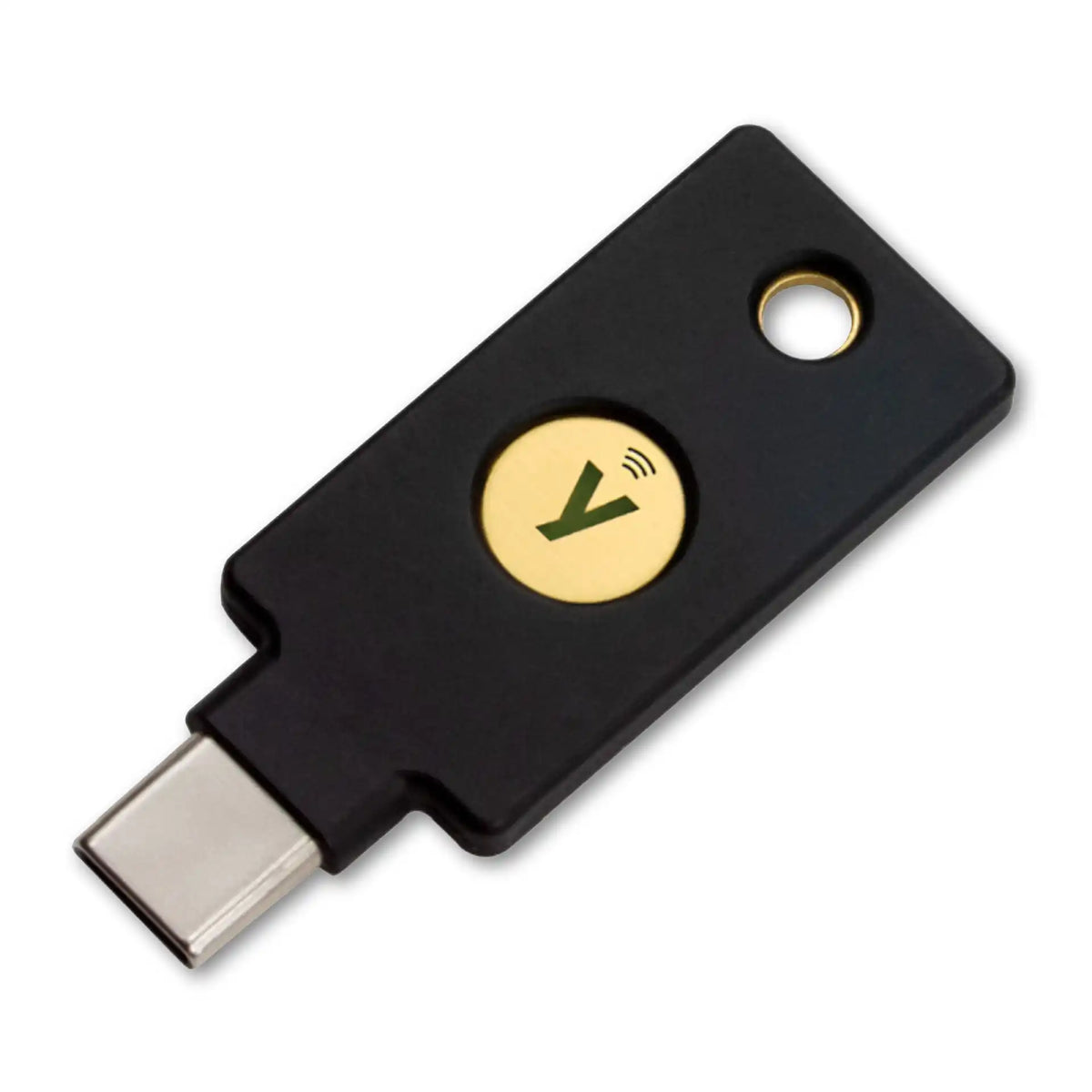 The YubiKey 5C NFC in black with a golden contact, a USB-C plug and an eyelet for a key ring