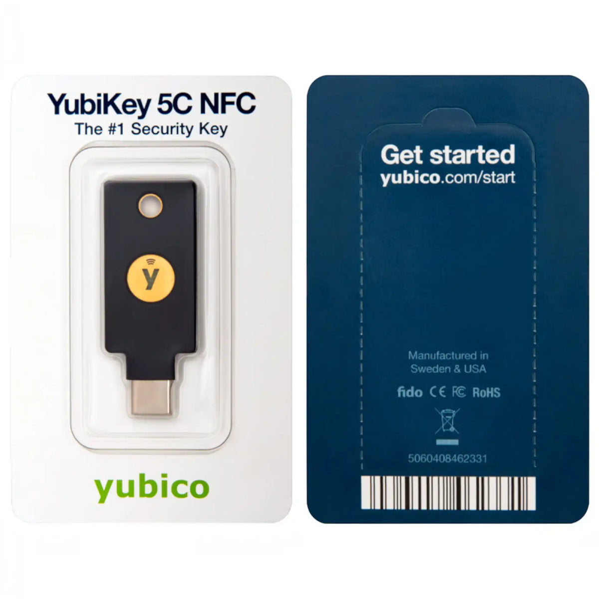 The original Yubico packaging of the YubiKey 5C NFC with the key in its blister